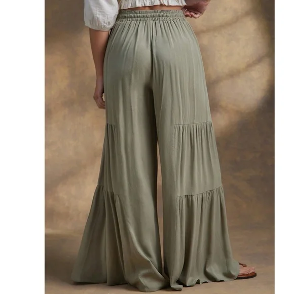 Boho Sage Green Stretchy Waist Wide leg Ruffle Hem Pants - Picture 3 of 5